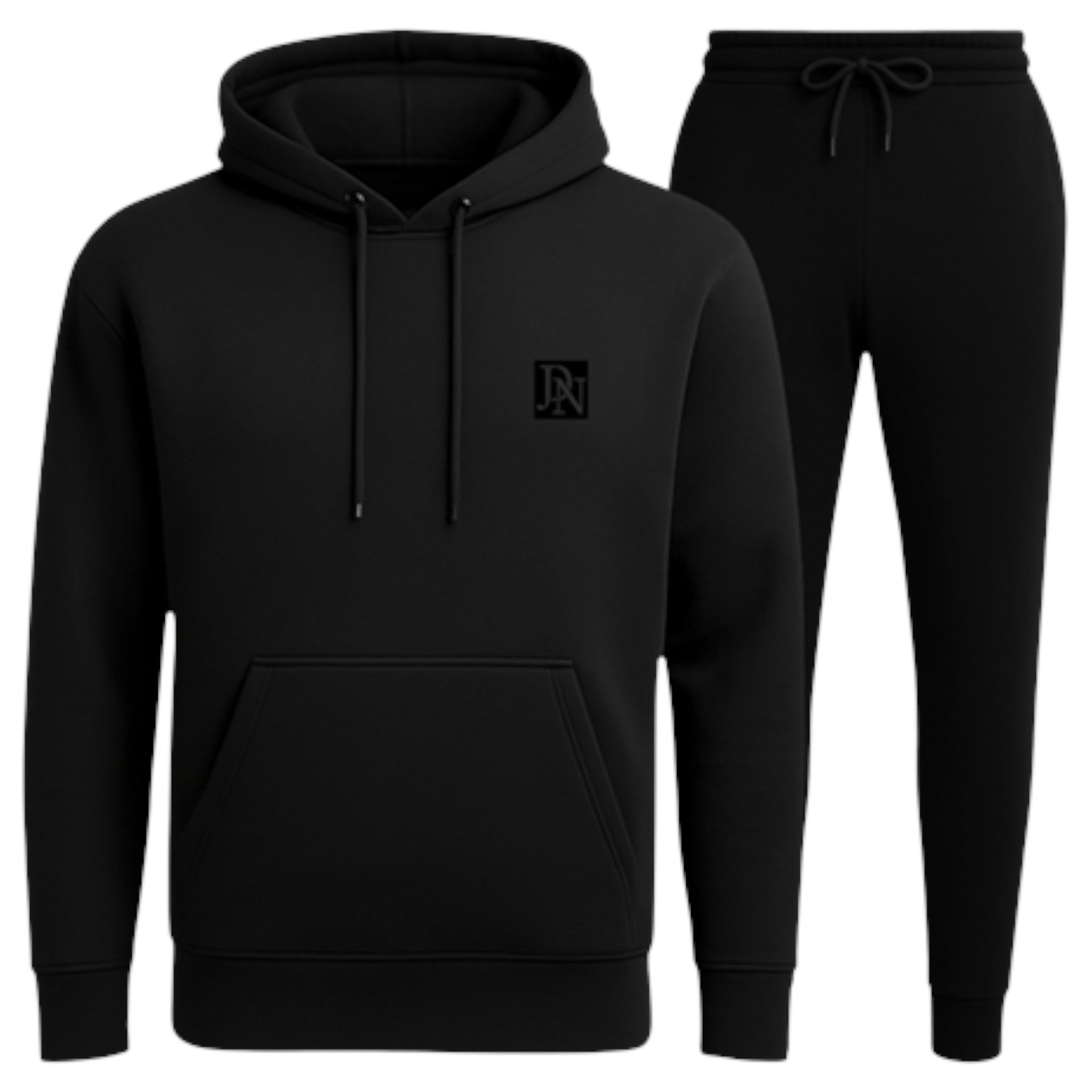 Men's JDN branded hooded tracksuit set in black – plain hoodie with kangaroo pocket and matching joggers loungewear activewear